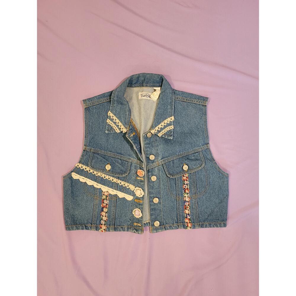 VINTAGE 90s True Blue Denim Vest Lace Floral Embellished Boho Cottagecore large